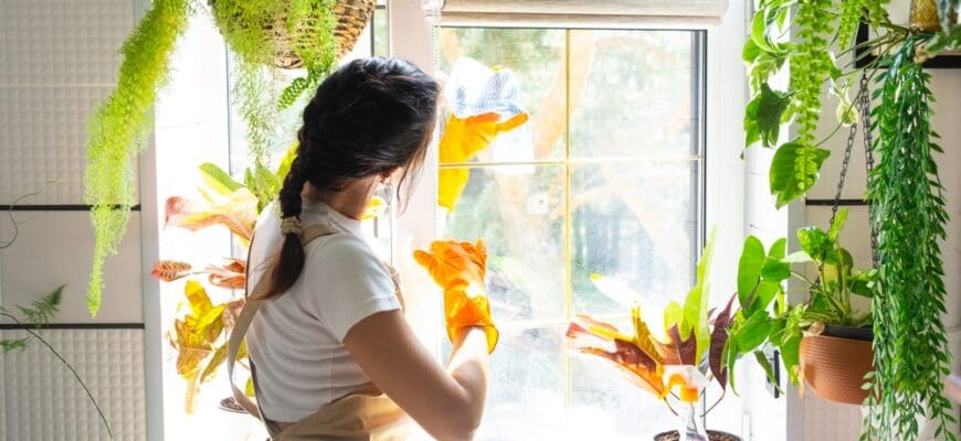 Woman,In,Rubber,Gloves,And,Apron,Manually,Washes,Window,Of